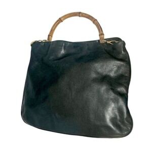 Gucci 2 way Black Leather Shoulder Bag Bamboo Handle 15" x 12" x 3"